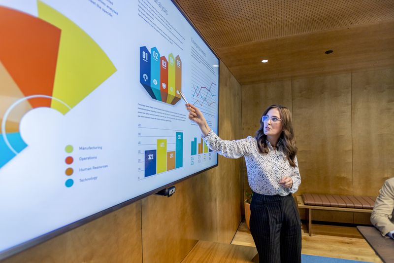 Woman giving a presentation with numbered charts